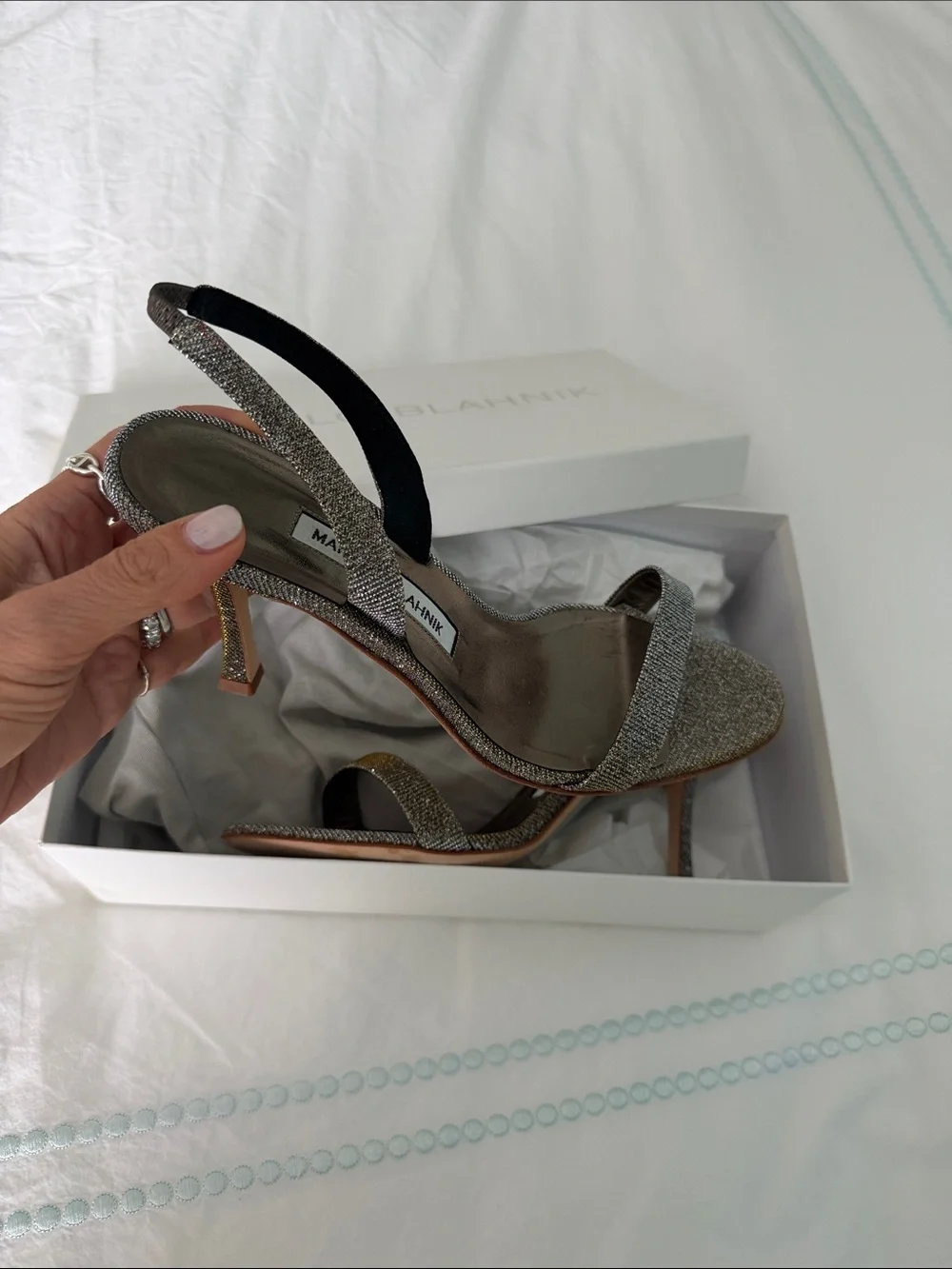 Manolo Blahnik Silver Glitter Slingback Heels